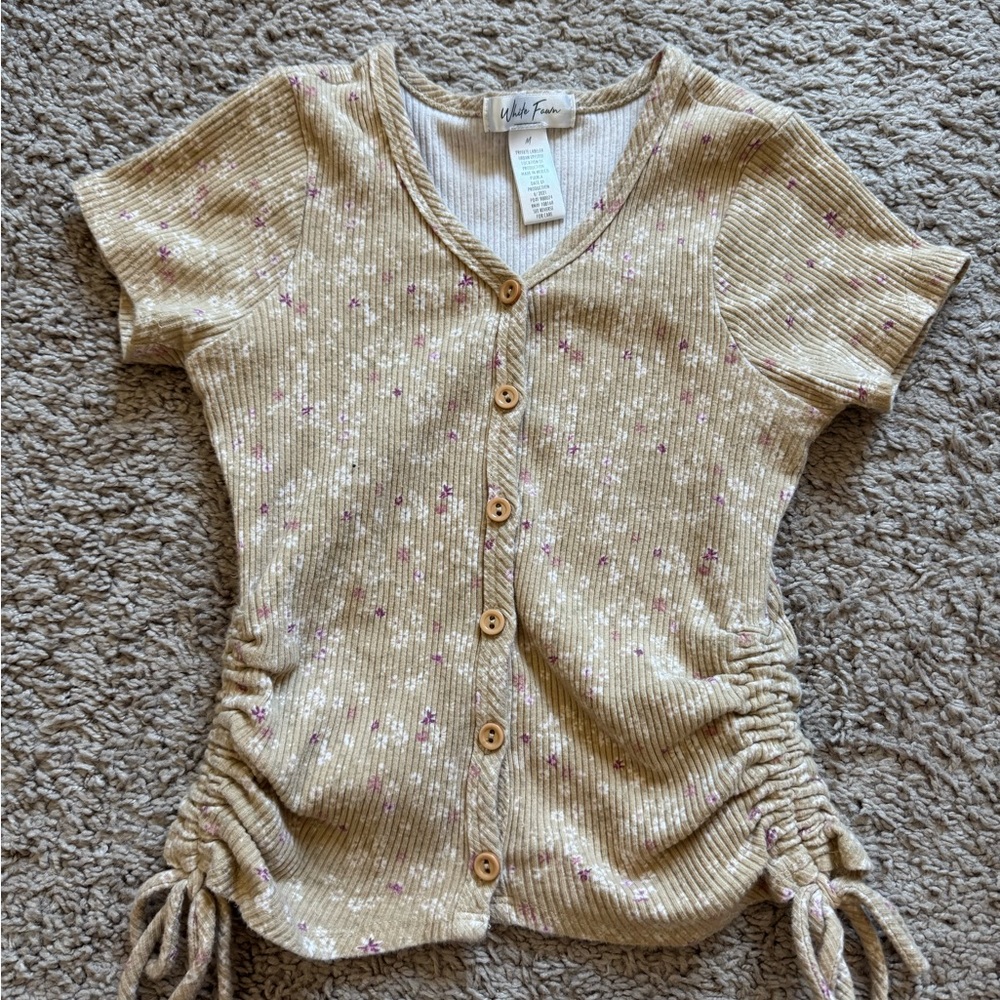 Tan Button-Up Ribbed Top with Floral Accents and Scrunched Sides